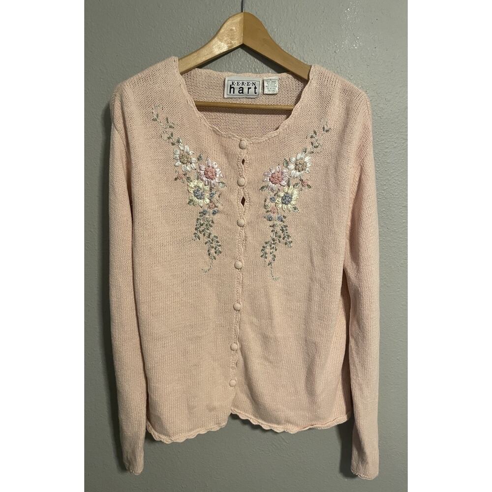 Keren Hart Womens Cardigan Large Pink Floral Embroidered Button Up Grannycore